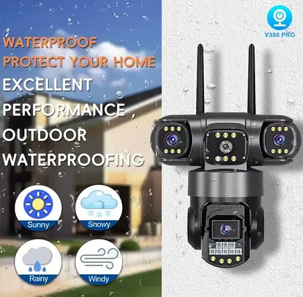 Вулична камера 3в 1, V380 Pro,  на 3 лінзи працююча через Wi Fi , огляд 360°, нічне баченням, детекцієя руху, фото 1