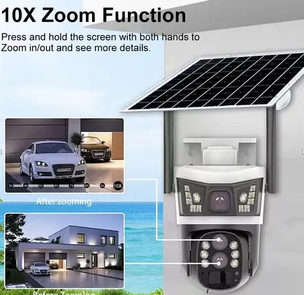 Камера відеоспостереження V39-4G, 3-лінзи, 10X ZOOM, сонячна панель, 12МП, фото 1