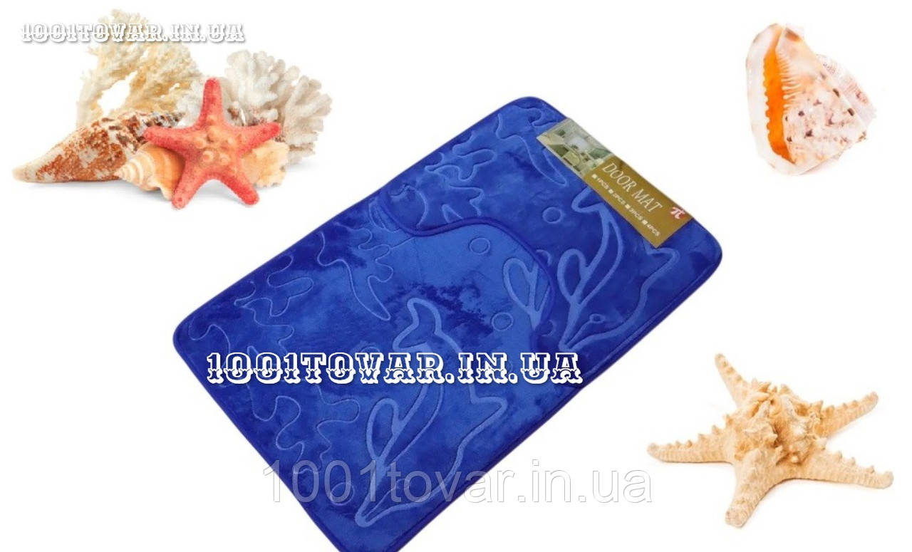Набір килимків із мікрофібри у ванну та туалет "Хамелеон", 80х50 см і 40х50 см., синій Дельфіни, фото 1