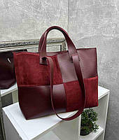 Жіноча сумка шоппер велика стильна бордова натуральна замша+шкірзам