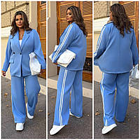 Женский брючный костюм с лампасами большого размера пиджак - жакет и широкие прямые брюки р-50-52, 54-56, 58-60