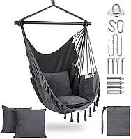 Підвісне крісло гойдалка з 2 подушками, чохлом, до 150 кг для приміщення, вулиці, кімнати, тераси, саду, сіра полі-бавовна