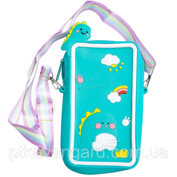 Дитяча сумка-футляр для телефону Luck Dinosaur силіконова на блискавці 17*10*3 см, бірюзовий, фото 1