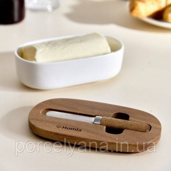 Маслянка фарфорова MOOKA з ножем та кришкою з акації 9x16 см Homla, фото 1