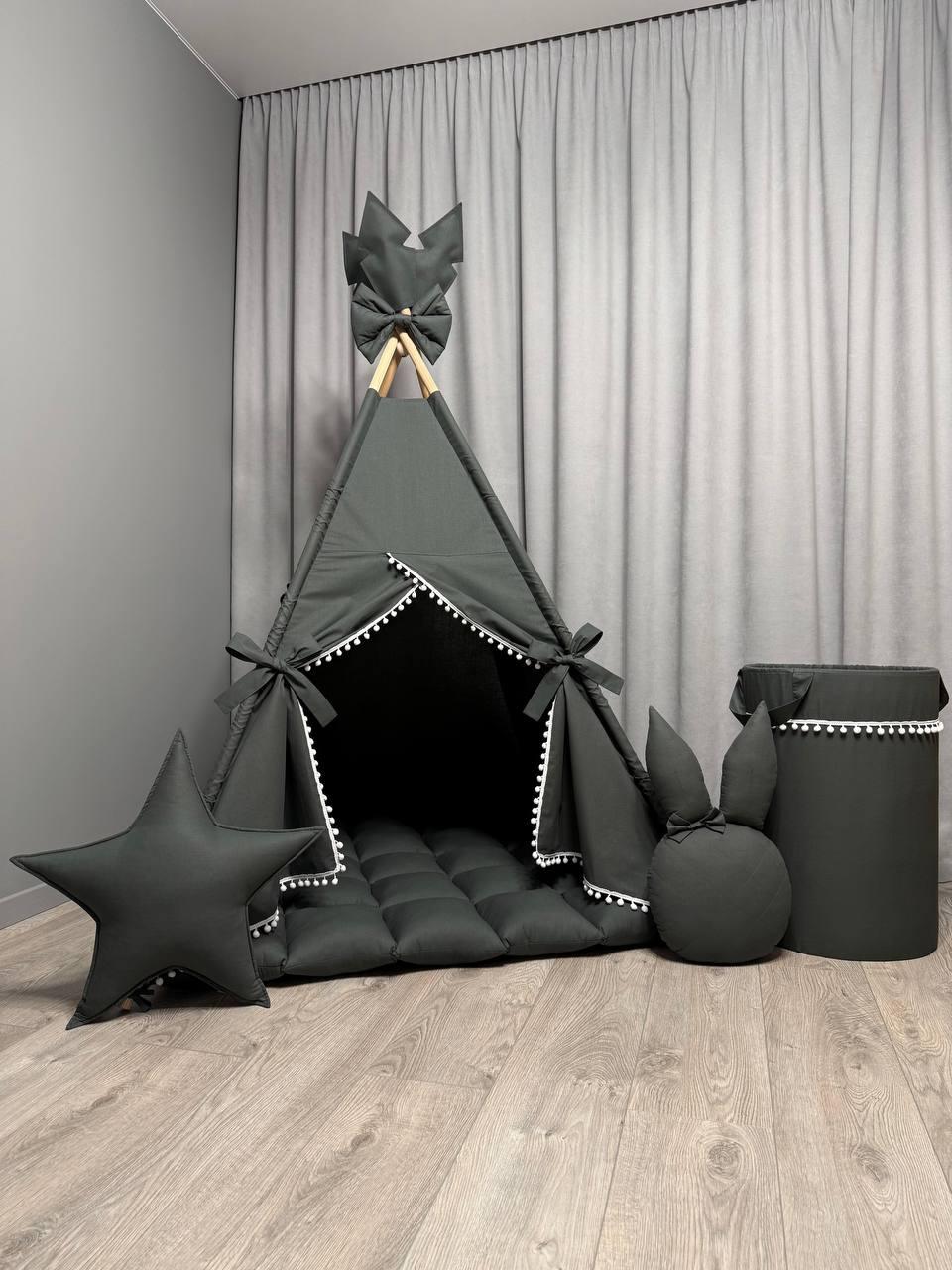 Вігвам для дітей Графіт 2 БОНБОН з Кошиком Повний комплект, вігвам для хлопчика, вігвам для дівчинки, дитячий вігвам, вігвам, фото 1