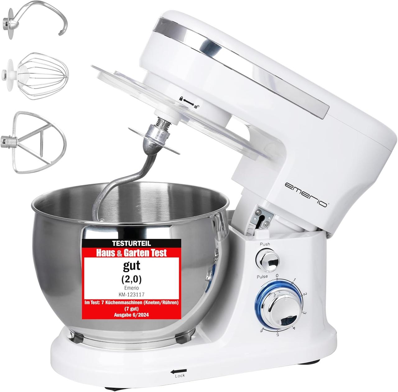 Кухонний комбайн EMERIO KM-123117 Машина для змішування з чашею з нержавіючої сталі об'ємом 5 л + 3 інструменти для змішування, фото 1