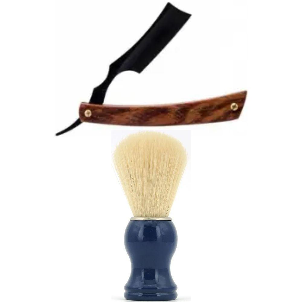 Небезпечна бритва/шавета розкладна Straight Razor + помазок з дерева SHIMA з ворсом борсука синій, фото 1