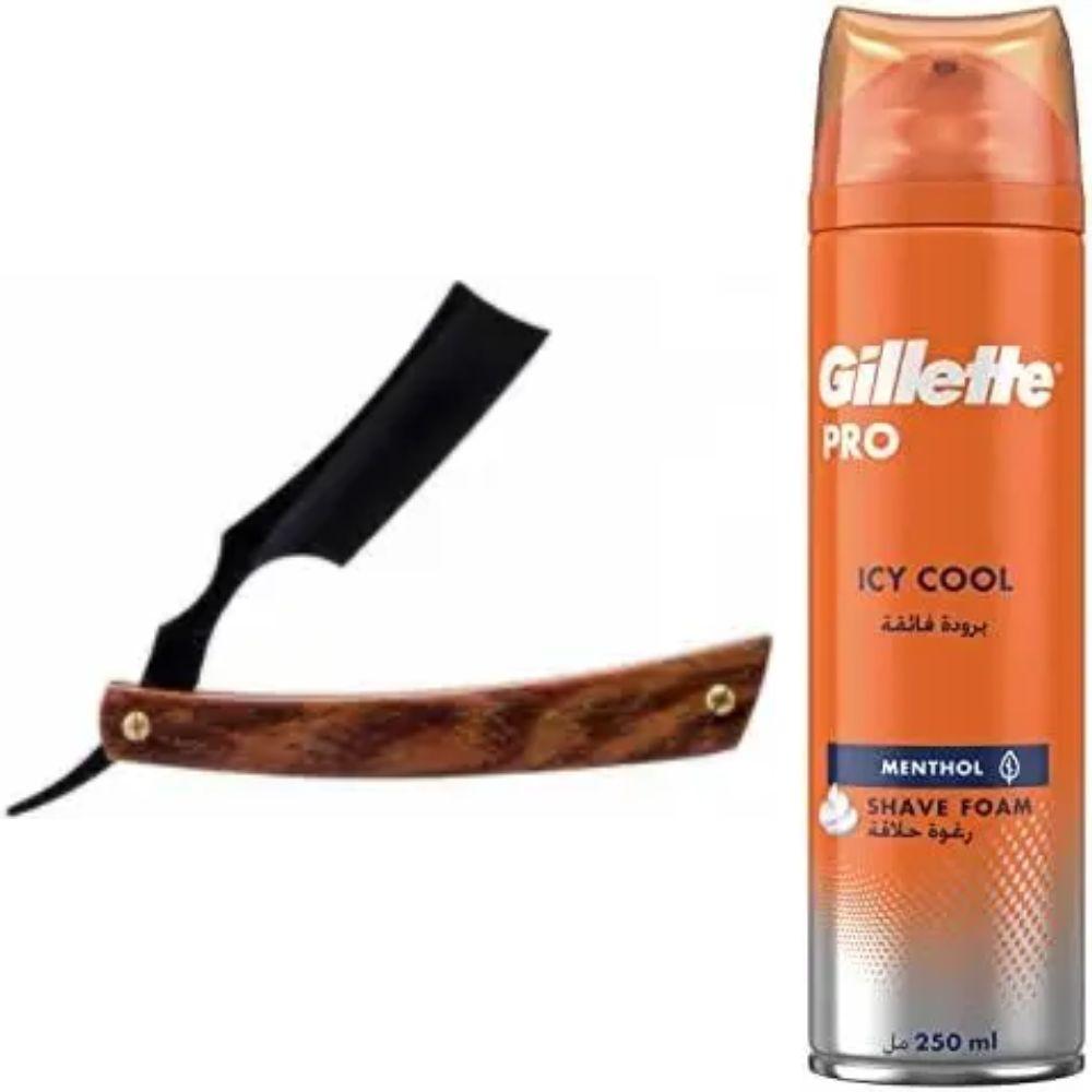 Небезпечна бритва/шавета розкладна Straight Razor + піна для гоління Gillette Pro Icy Cool з ментолом, фото 1