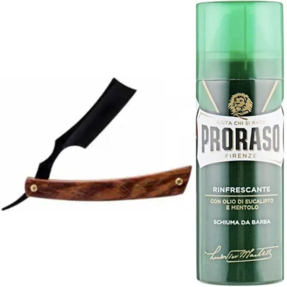 Небезпечна бритва/шавета розкладна Straight Razor + піна для гоління Proraso тонізуюча з евкаліптом і ментолом 100 мл, фото 1