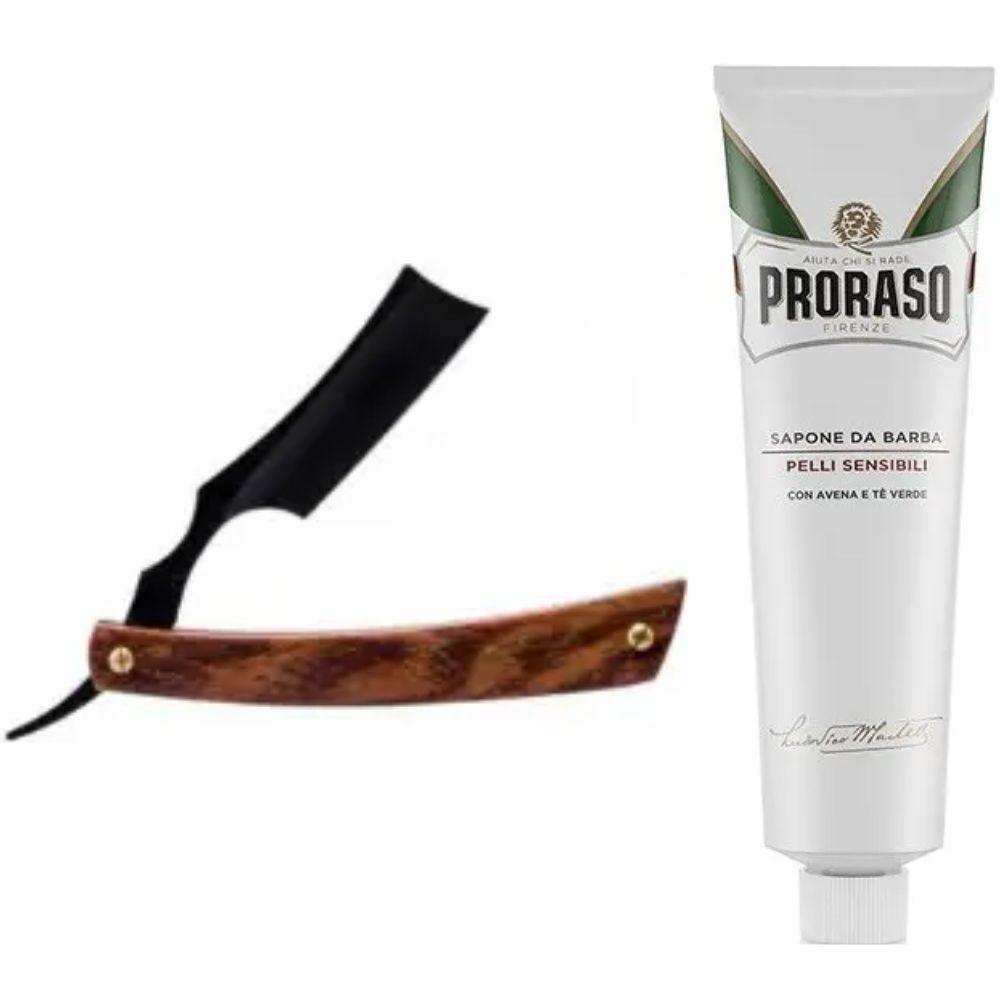 Небезпечна бритва/шавета розкладна Straight Razor + крем для гоління Proraso для чутливої шкіри з екстрактом зеленого чаю, фото 1