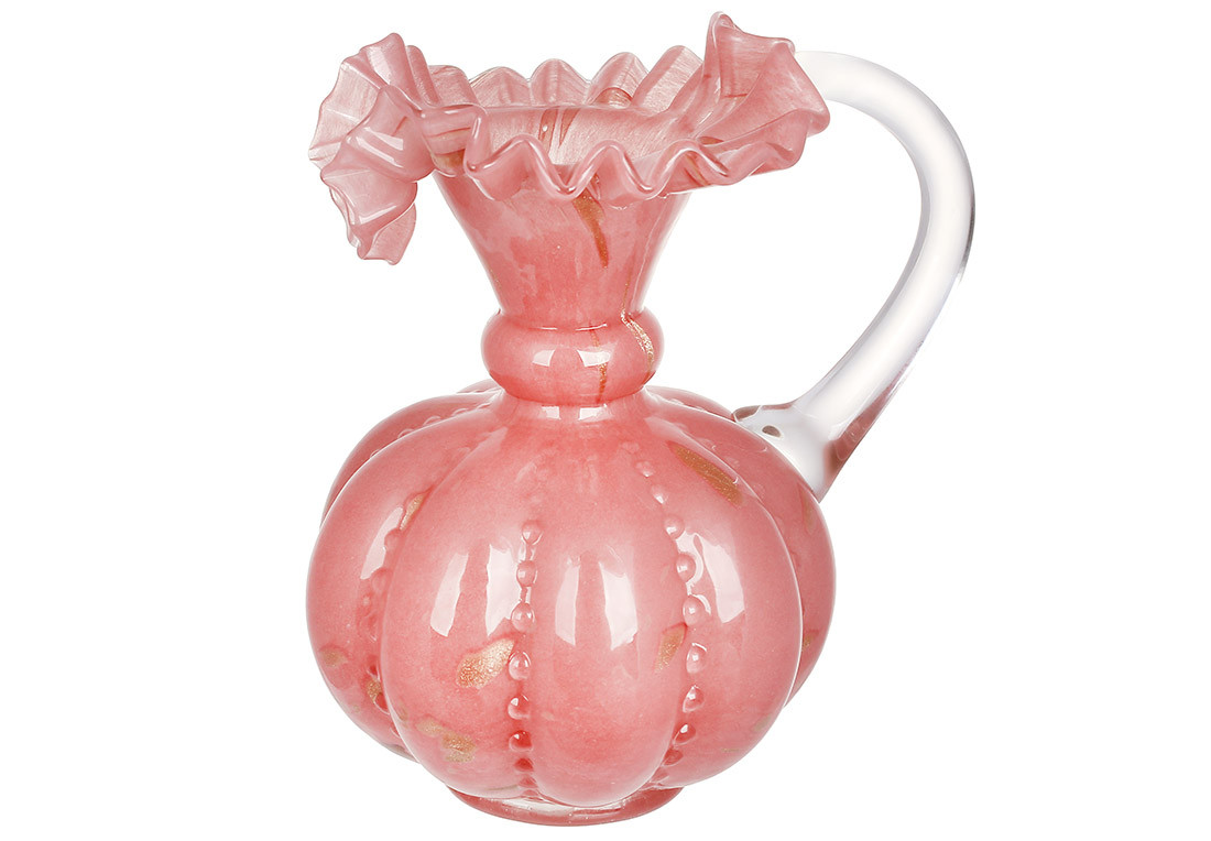 Скляна ваза з ручкою Roselle ( ручна робота ) D15*21см, колір - пильно рожевий ТОВАР ВІД ВИРОБНИКА