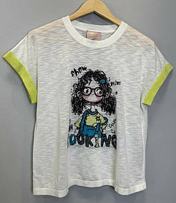 Жіноча футболка молочна з принтом Дівчинка з льону MKLT1248-1