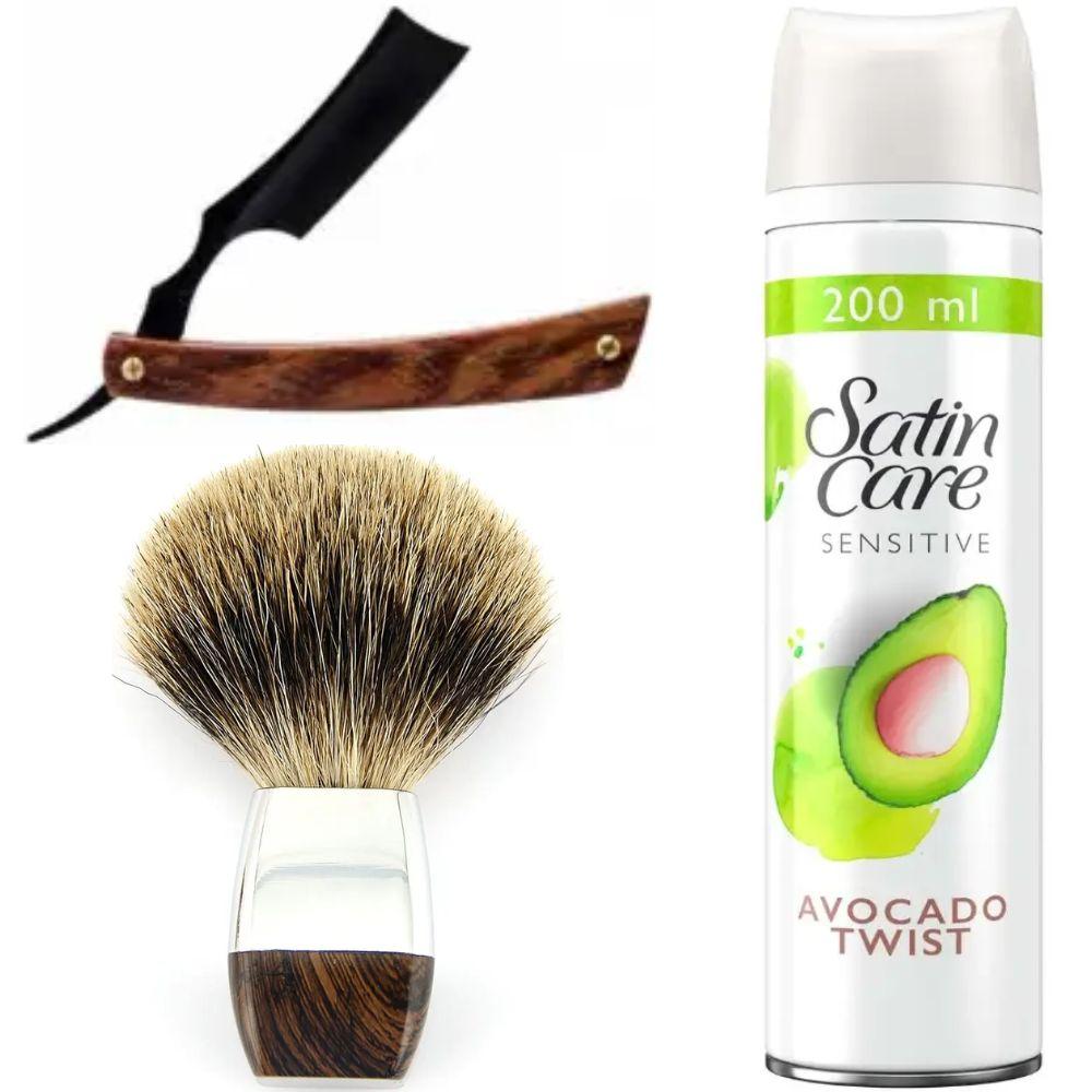 Небезпечна бритва/шавета розкладна Straight Razor + помазок борсук + гель для гоління Gillette Satin Care Gel Avocado 200 мл, фото 1