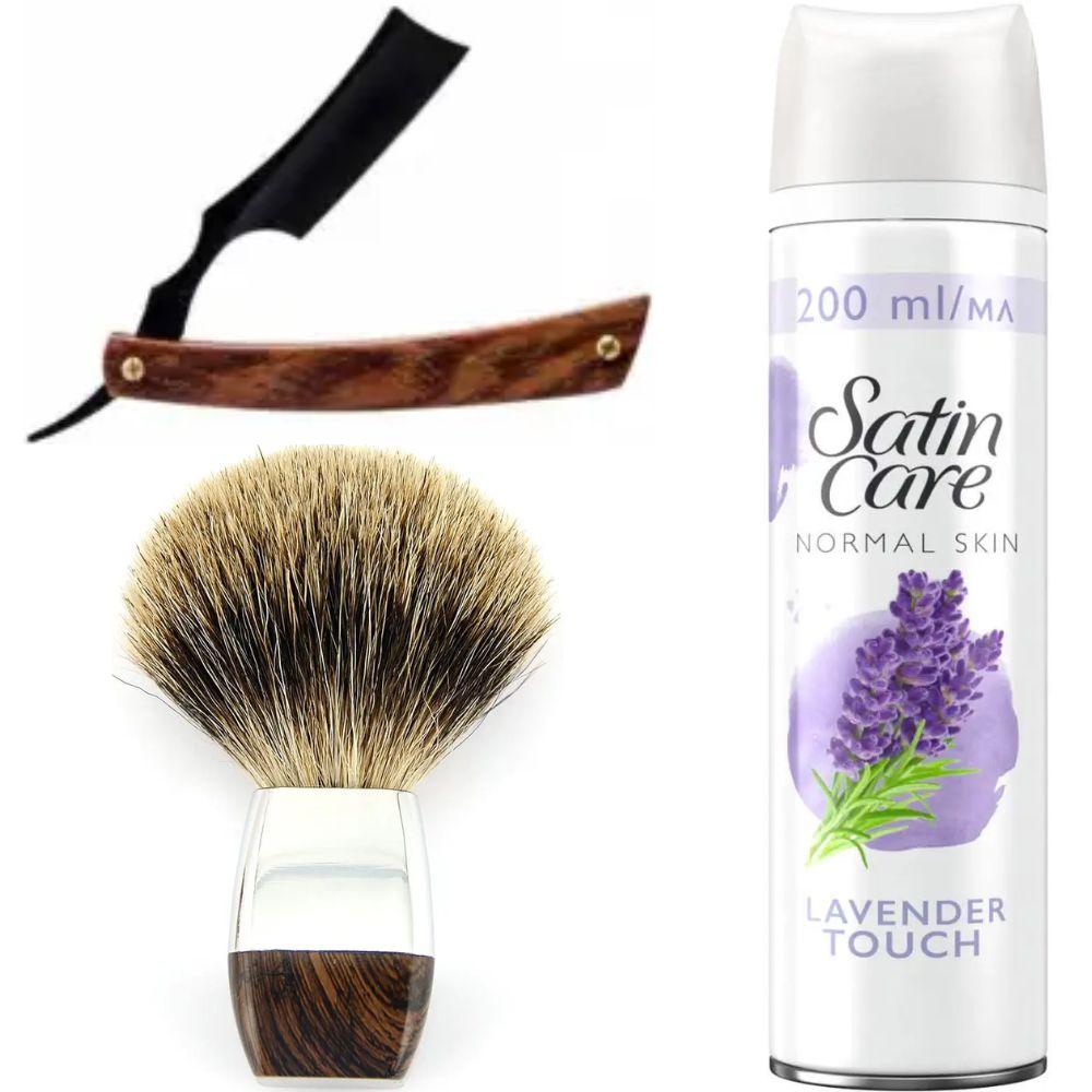Небезпечна бритва/шавета розкладна Straight Razor + помазок борсук + гель для гоління Gillette Satin Care Gel Lavender 200 мл, фото 1