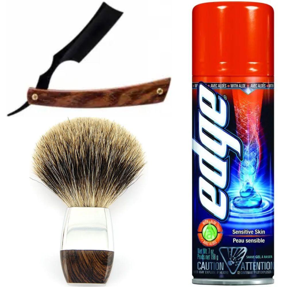 Небезпечна бритва/шавета розкладна Straight Razor + помазок борсук + гель для гоління Wilkinson Sword EDGE Sensitive, фото 1