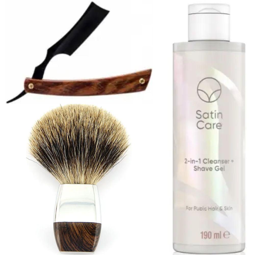 Небезпечна бритва/шавета розкладна Straight Razor + помазок борсук + гель для гоління Gillette Venus Venus Satin Care 2 в 1, фото 1