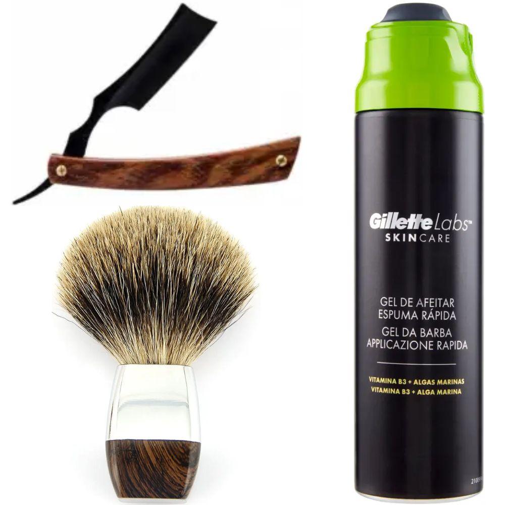 Небезпечна бритва/шавета розкладна Straight Razor + помазок борсук + гель для гоління Gillette Labs Gel 198 мл, фото 1