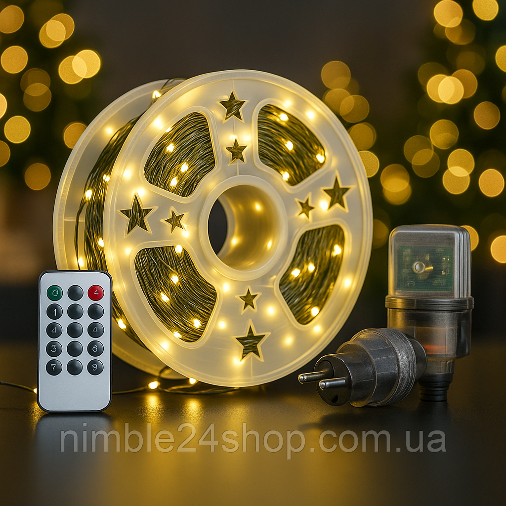 Гірлянда Роса 120м 1200 LED теплий жовтий + пульт, мідний зелений провід Вулична