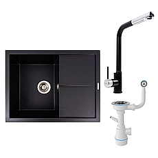 Комплект: мийка VALESO CRIPTA 6550 + змішувач Q411MB + сифон чорний