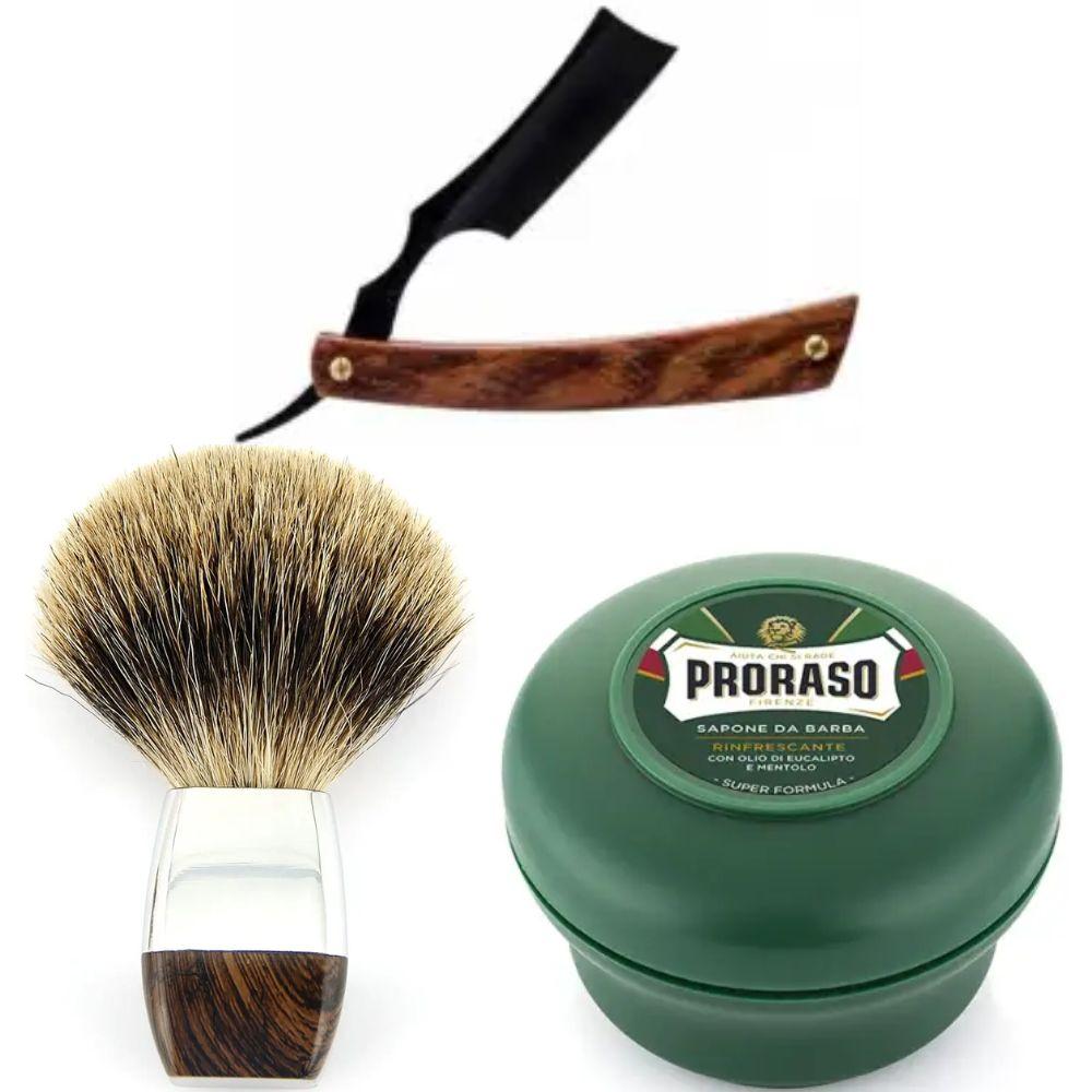 Небезпечна бритва/шавета розкладна Straight Razor + помазок борсук + мило для гоління Proraso Rinfrescante Green Eucalyptus 150 мл, фото 1