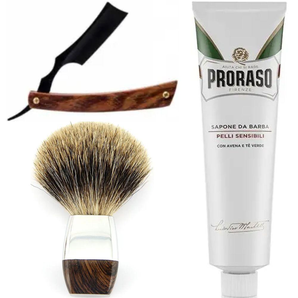 Небезпечна бритва/шавета розкладна Straight Razor + помазок борсук + крем для гоління Proraso для чутливої шкіри, фото 1