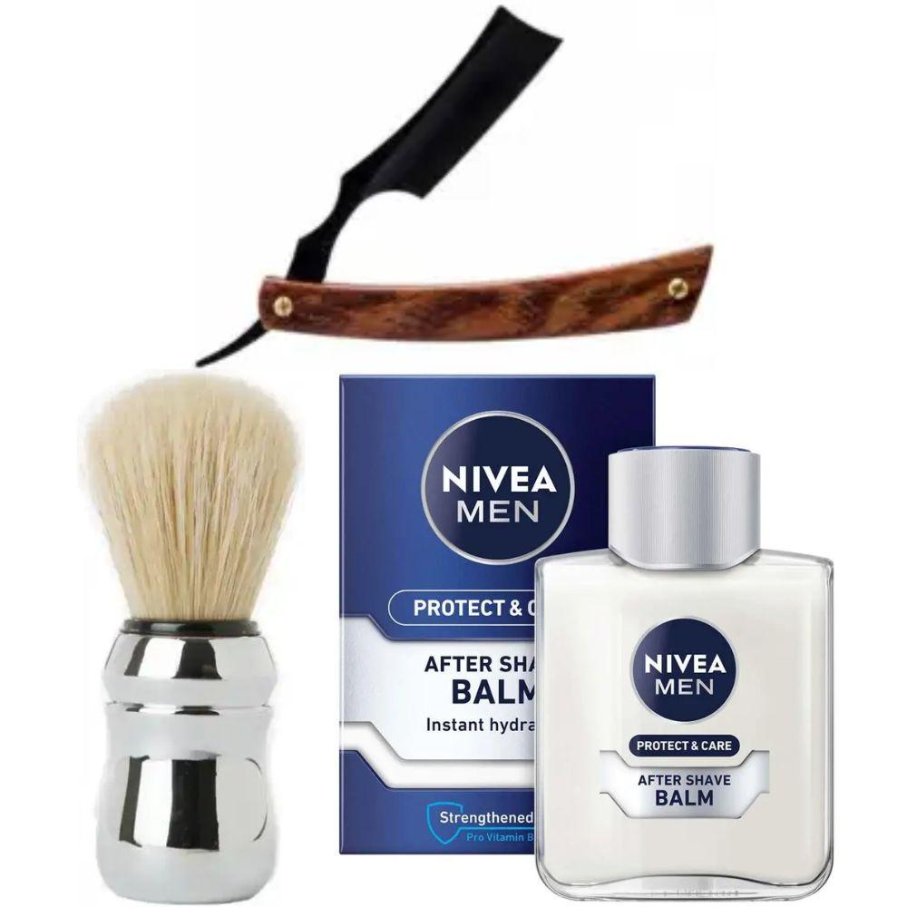 Небезпечна бритва/шавета розкладна Straight Razor + помазок Proraso + бальзам після гоління Nivea Men Protect & Care 100 мл, фото 1