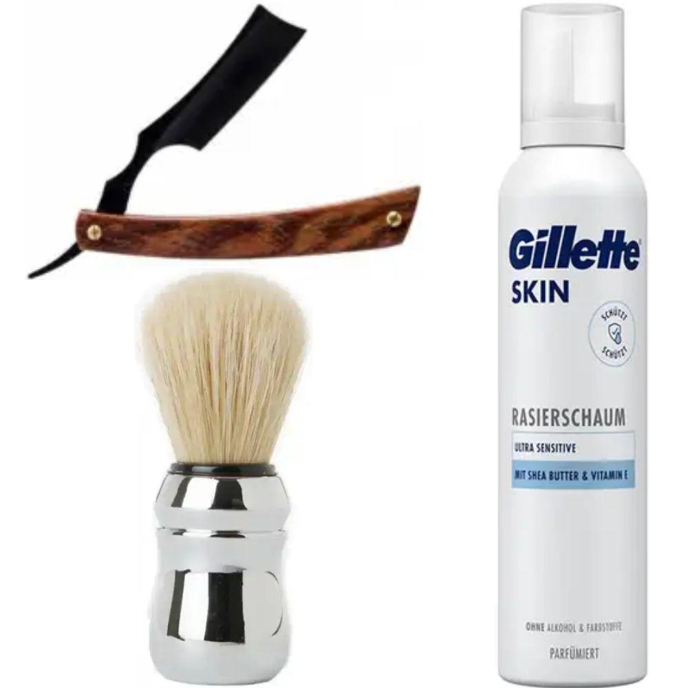 Небезпечна бритва/шавета розкладна Straight Razor + помазок Proraso + піна для гоління Gillette Skin Ultra Sensitive, фото 1
