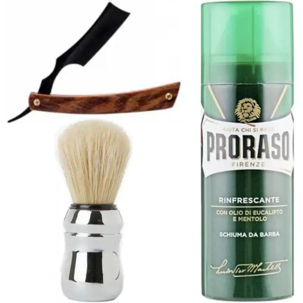 Небезпечна бритва/шавета розкладна Straight Razor + помазок Proraso + піна для гоління Proraso тонізуюча з евкаліптом і ментолом, фото 1