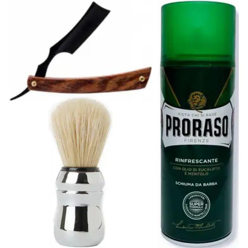 Небезпечна бритва/шавета розкладна Straight Razor + помазок Proraso + піна для гоління Proraso тонізуюча з евкаліптом і ментолом, фото 1