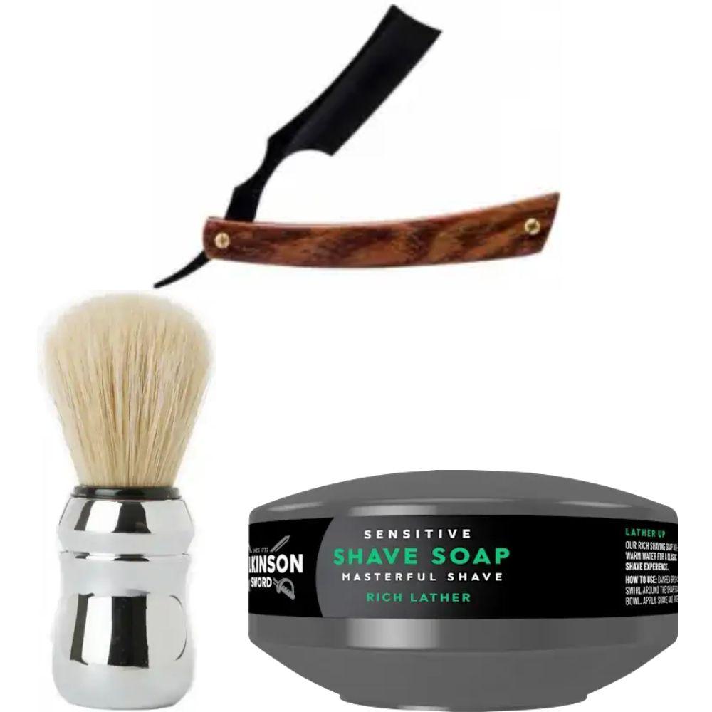 Небезпечна бритва/шавета розкладна Straight Razor + помазок Proraso + мило для гоління Wilkinson Sword для чутливої шкіри 125 г, фото 1