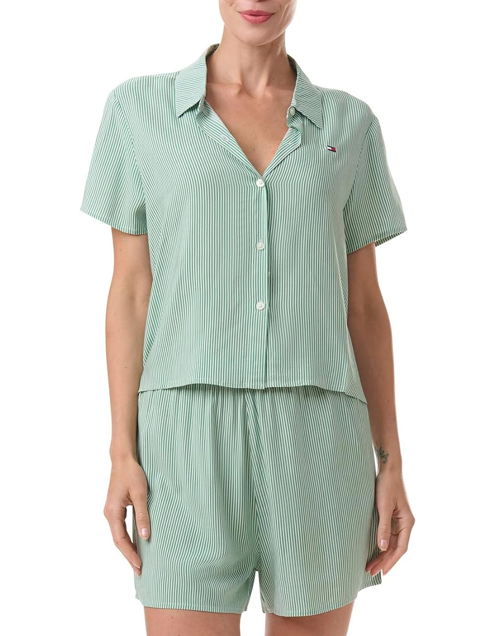 Легка жіноча піжама Tommy Hilfiger комплект сорочка та шорти 1159844142 (Білий/Зелений L), фото 1