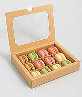Коробка для 12 цукерок солодощів зефіру, макаронс або тарталеток 200×156×30 мм, крафт, з прозорим віконцем