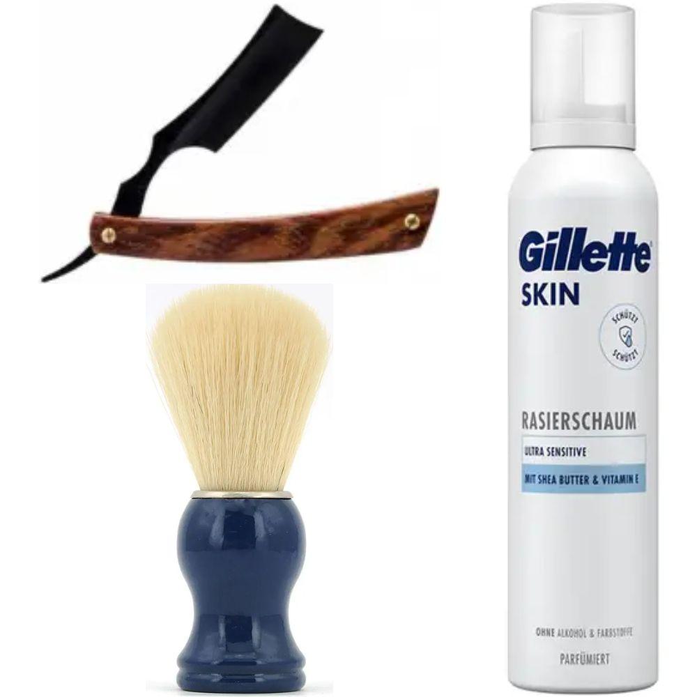 Небезпечна бритва/шавета розкладна Straight Razor + помазок SHIMA синій + піна для гоління Gillette Skin Ultra Sensitive, фото 1