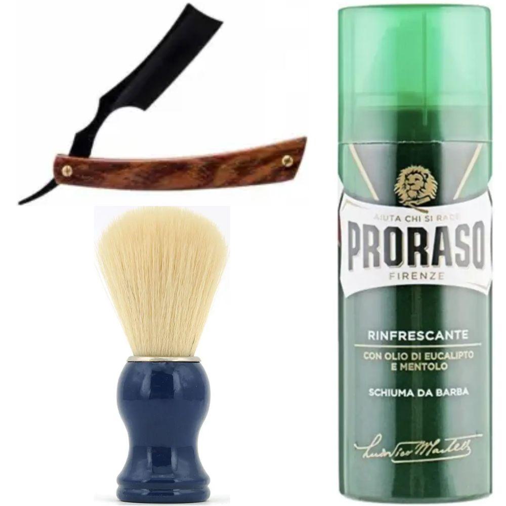 Небезпечна бритва/шавета розкладна Straight Razor + помазок SHIMA синій + піна для гоління Proraso тонізуюча евкаліпт і ментол, фото 1