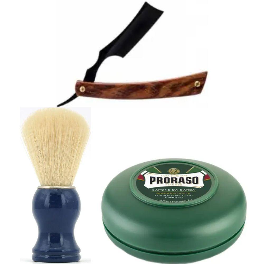 Небезпечна бритва/шавета розкладна Straight Razor + помазок SHIMA синій + мило для гоління Proraso Rinfrescante Green Eucalyptus, фото 1
