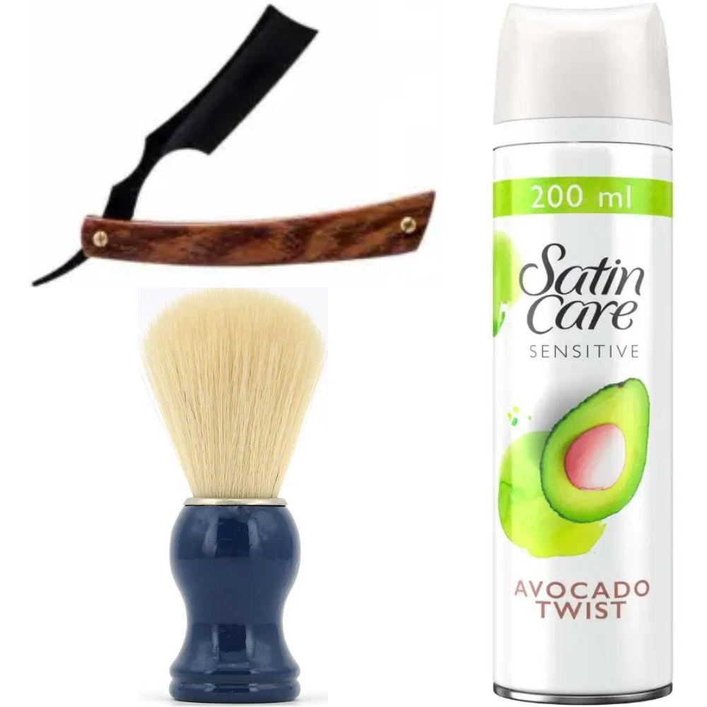 Небезпечна бритва/шавета розкладна Straight Razor + помазок SHIMA синій + гель для гоління Gillette Satin Care Gel Avocado 200 мл, фото 1