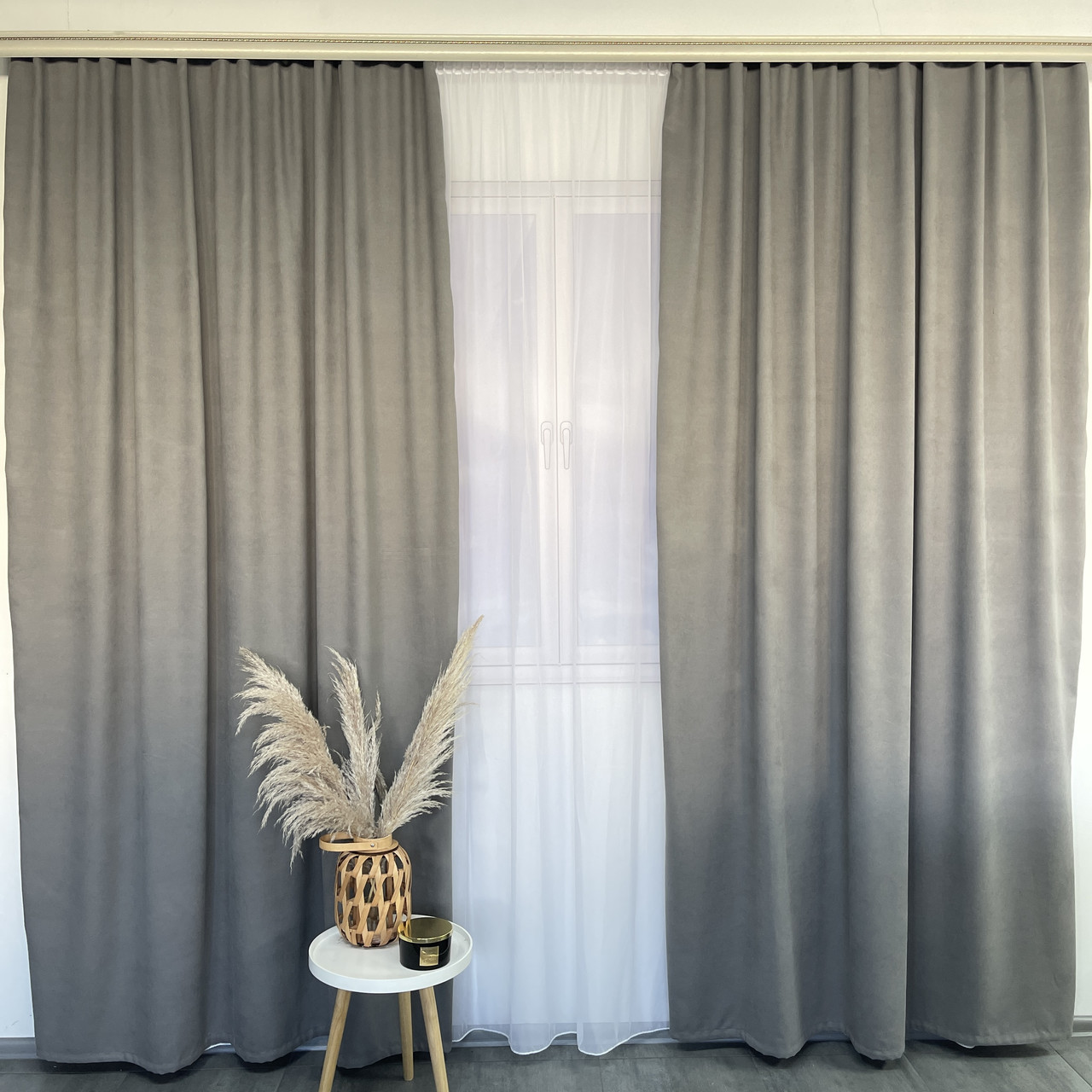 Готові однотонні штори мікровелюр, Сірі, з тюлем (SHTN-PK-339), фото 1