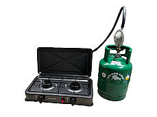 Газова плита двухкомфорочна Grunhelm + Балон Rudyy 15л + редуктор зі шлангом + пальник на балон у подарунок, фото 3