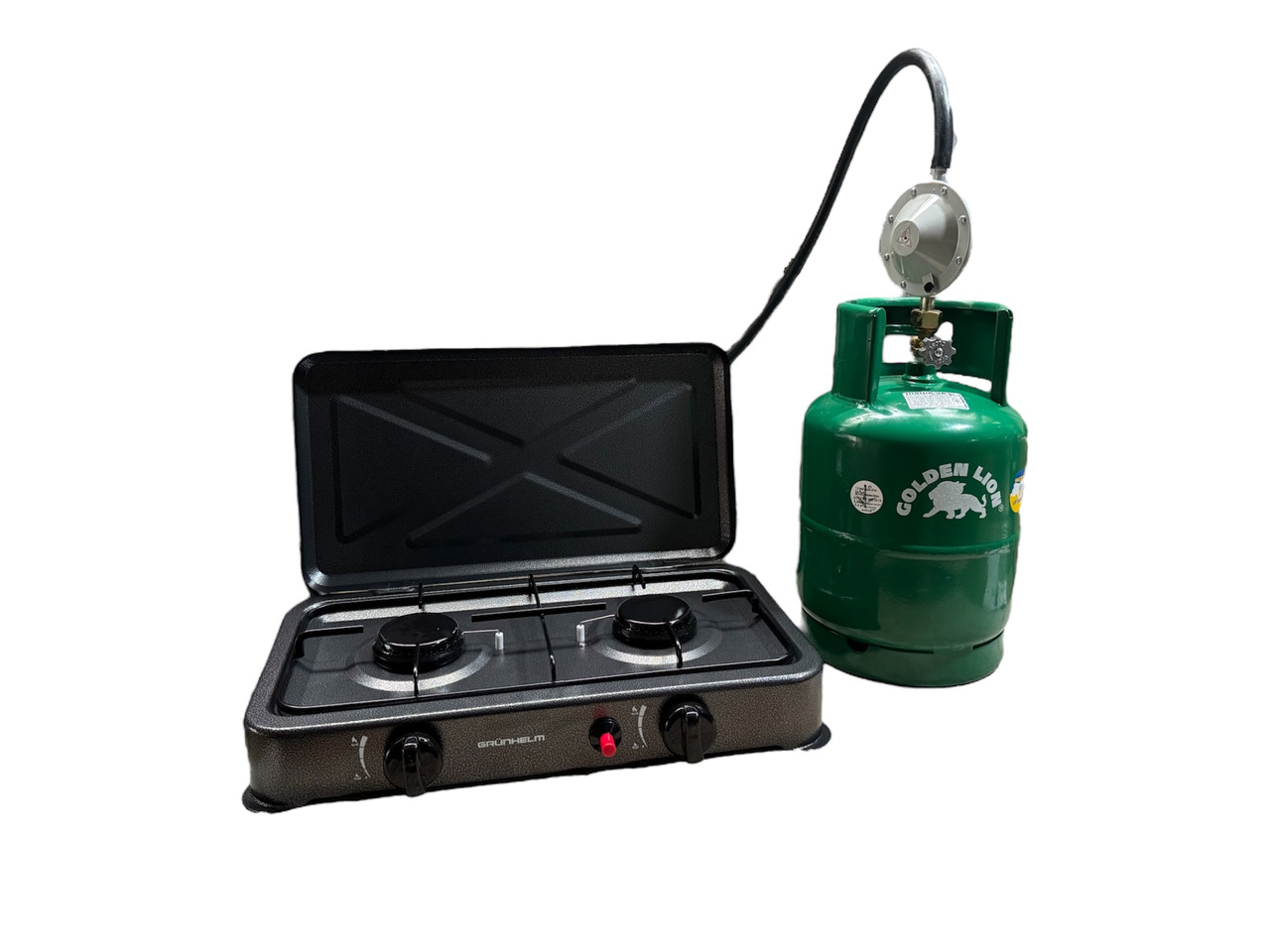 Газова плита двухкомфорочна Grunhelm + Балон Rudyy 12л + редуктор зі шлангом + пальник на балон у подарунок