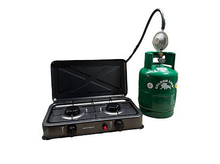Газова плита двухкомфорочна Grunhelm + Балон Rudyy 15л + редуктор зі шлангом + пальник на балон у подарунок, фото 1