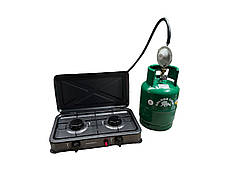 Газова плита двухкомфорочна Grunhelm + Балон Rudyy 15л + редуктор зі шлангом + пальник на балон у подарунок, фото 2