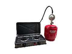 Газова плита двухкомфорочна Grunhelm + Балон  InterTool 5л + редуктор зі шлангом + пальник на балон у подарунок