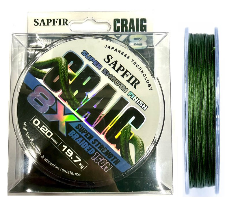 Плетений Шнур SAPFIR CRAIG X8 150 м 0.08 мм 8-ми жильний тест 8.0 кг зелений
