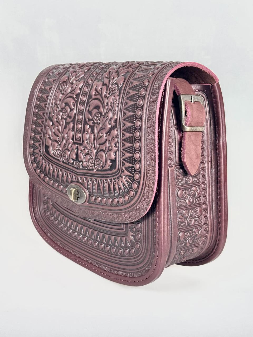 Авторська шкіряна сумка ручної роботи «Дубок» бордового кольору, 25×26×10 см, фото 1