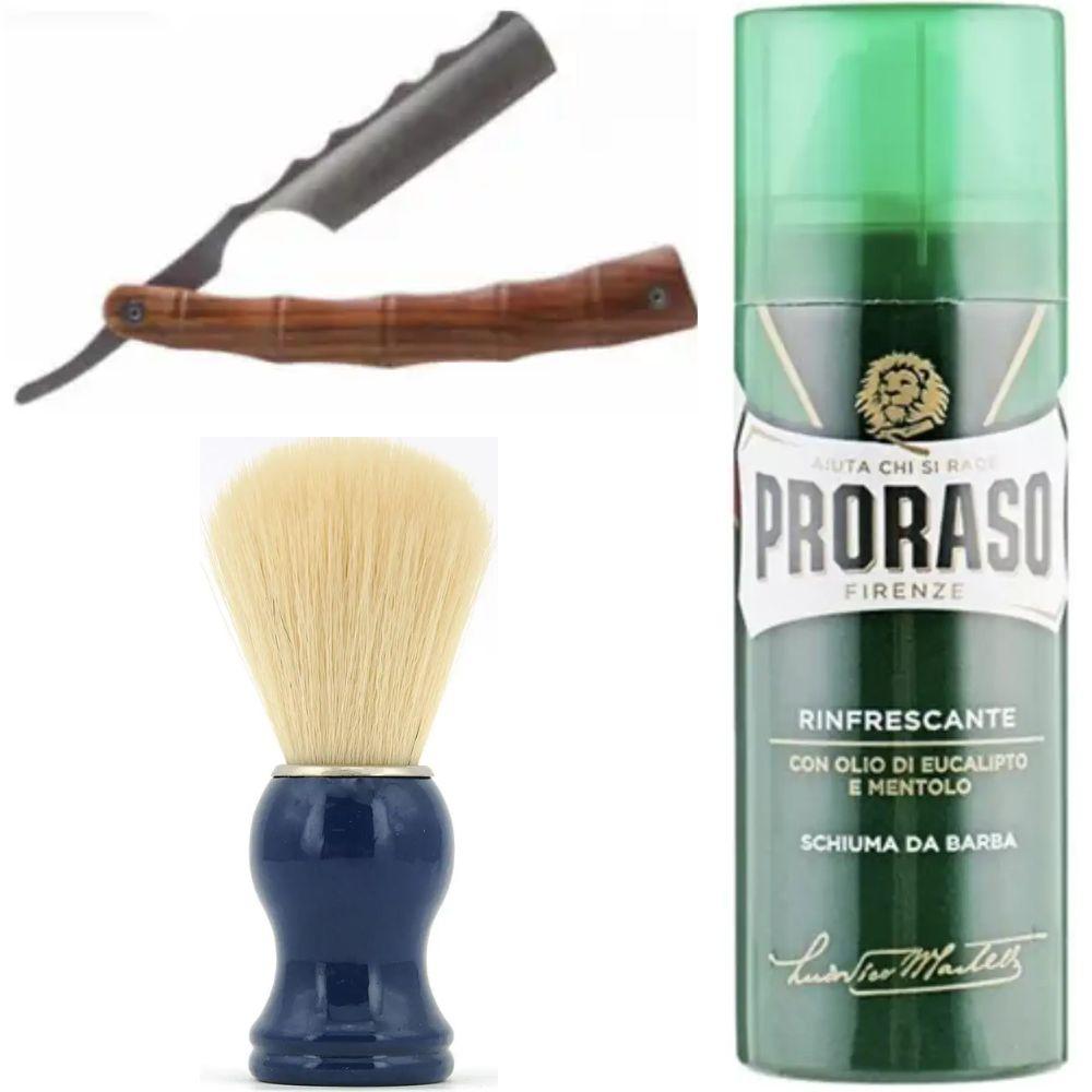 Небезпечна бритва/шавета розкладна Straight Razor + помазок SHIMA синій + піна для гоління Proraso тонізуюча евкаліпт і ментол, фото 1