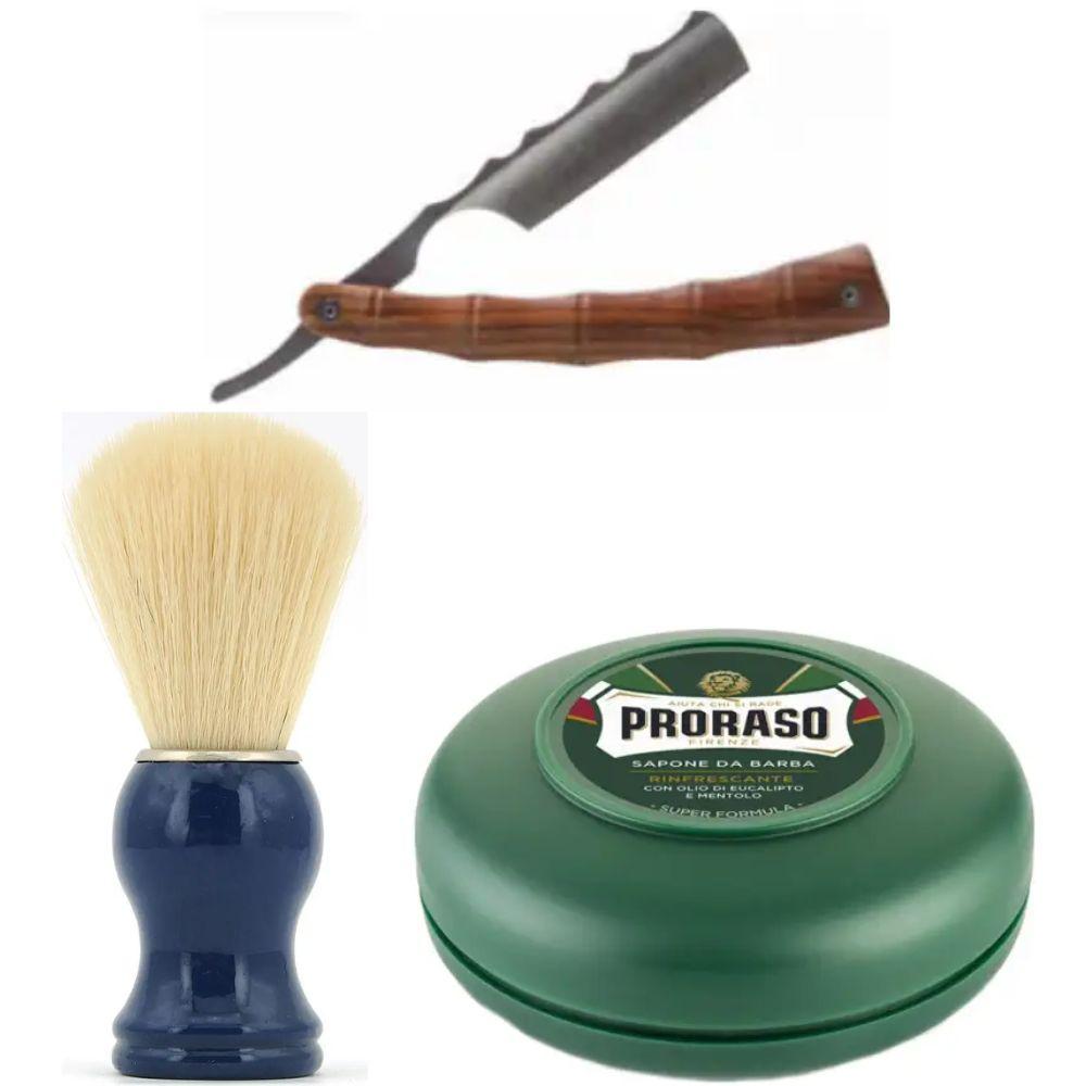 Небезпечна бритва/шавета розкладна Straight Razor + помазок SHIMA синій + мило для гоління Proraso Rinfrescante Green Eucalyptus, фото 1