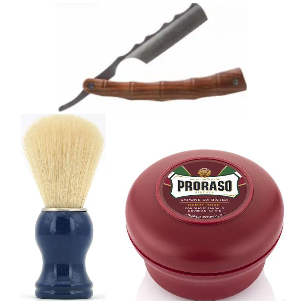 Небезпечна бритва/шавета розкладна Straight Razor + помазок SHIMA синій + мило для гоління Proraso для жорсткої щетини з маслом, фото 1