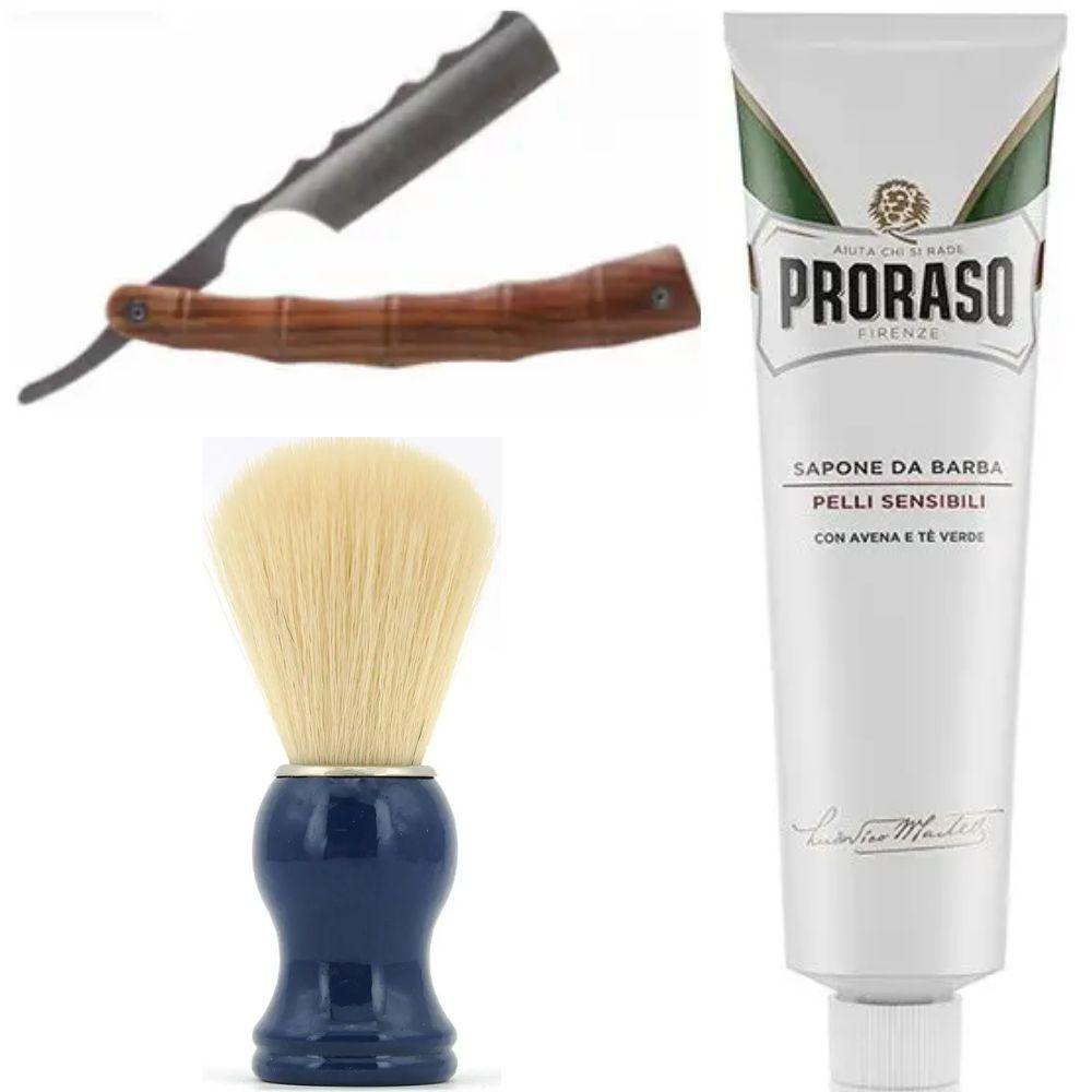 Небезпечна бритва/шавета розкладна Straight Razor + SHIMA синій + крем для гоління Proraso для чутливої шкіри з зеленим чаєм, фото 1