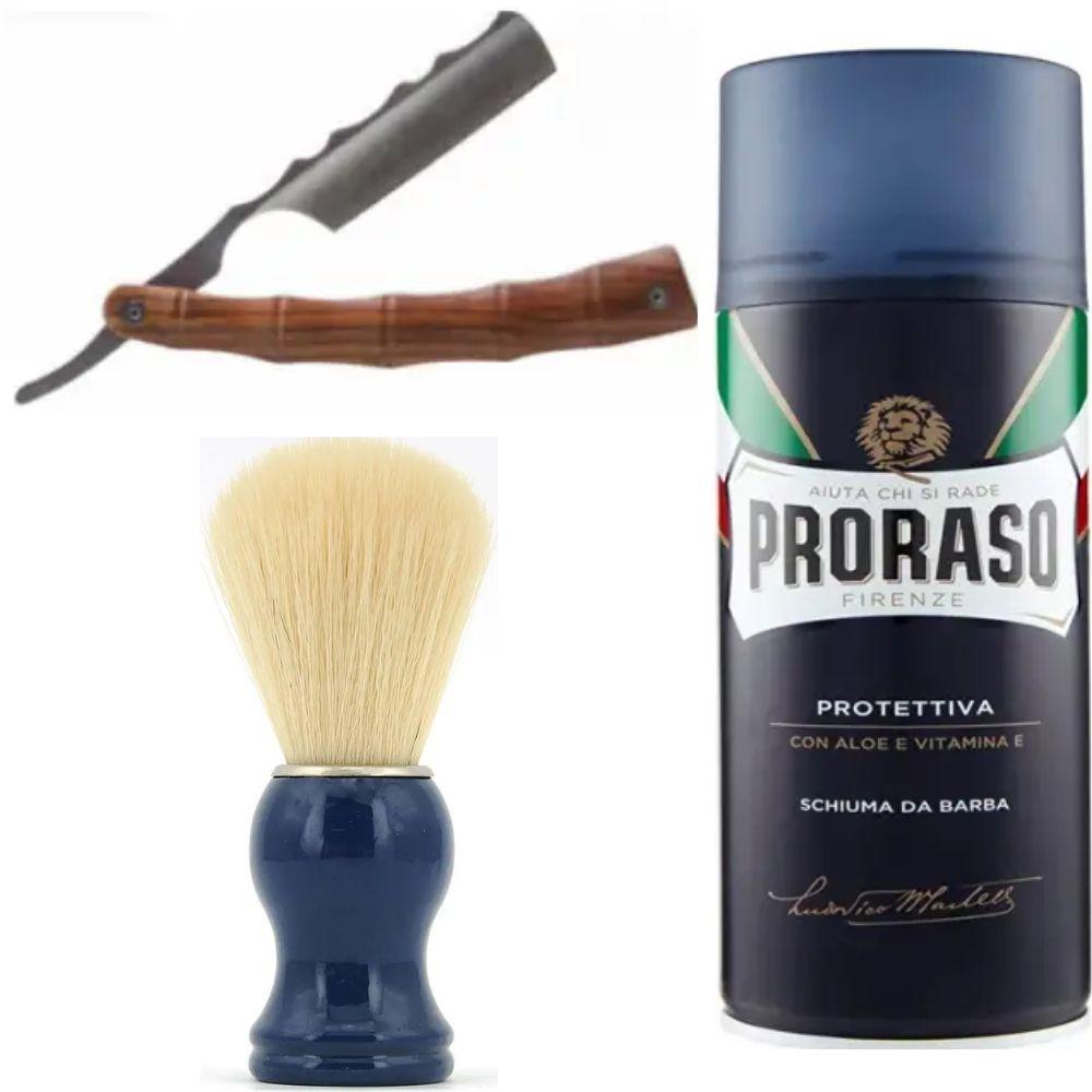 Небезпечна бритва/шавета розкладна StraightRazor + помазок SHIMA синій + піна для гоління Proraso з екстрактом алое та вітаміном Е, фото 1