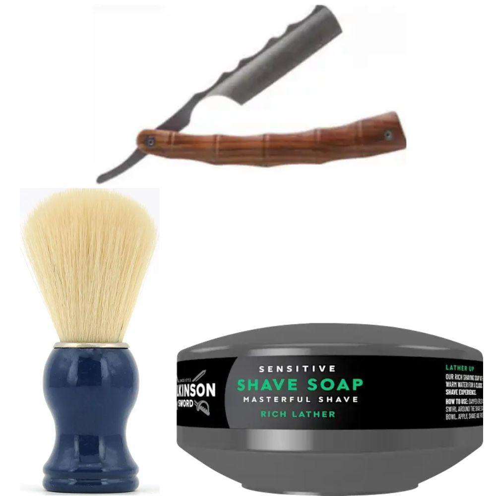 Небезпечна бритва/шавета розкладна Straight Razor + помазок SHIMA синій + мило для гоління Wilkinson Sword для чутливої шкіри 125г, фото 1